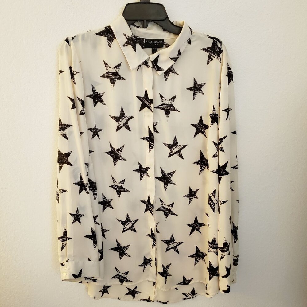 Lane Bryant Lightweight Star Print Cream/Black Button Up Tunic Top Size 18/20 *F